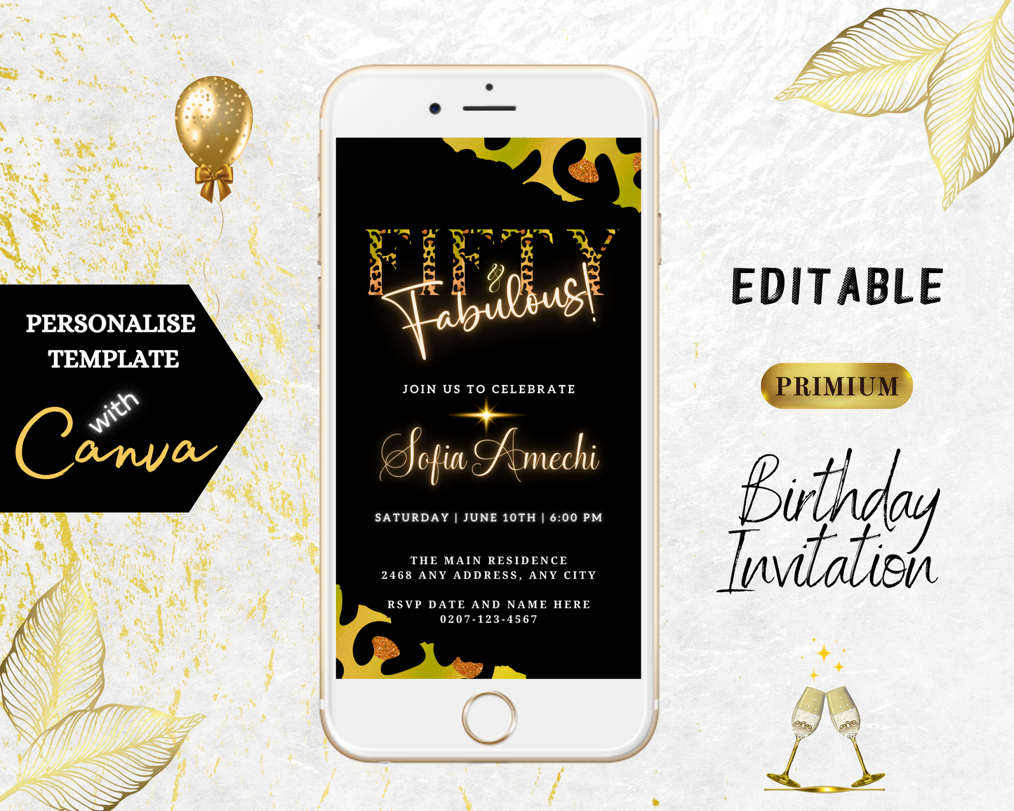Green Gold Neon Black Animal Print | Fifty & Fabulous Party Evite displayed on a smartphone, highlighting a customizable digital invitation for personal events.