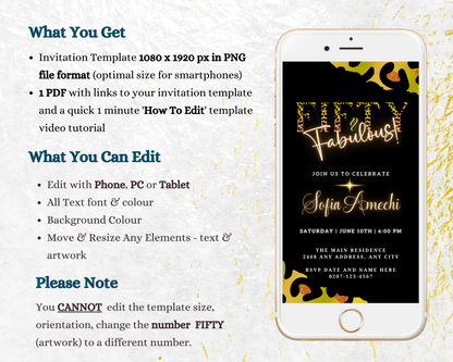 Customizable Green Gold Neon Black Animal Print Fifty & Fabulous Party Evite displayed on a smartphone screen, showcasing editable event details for digital invitations.