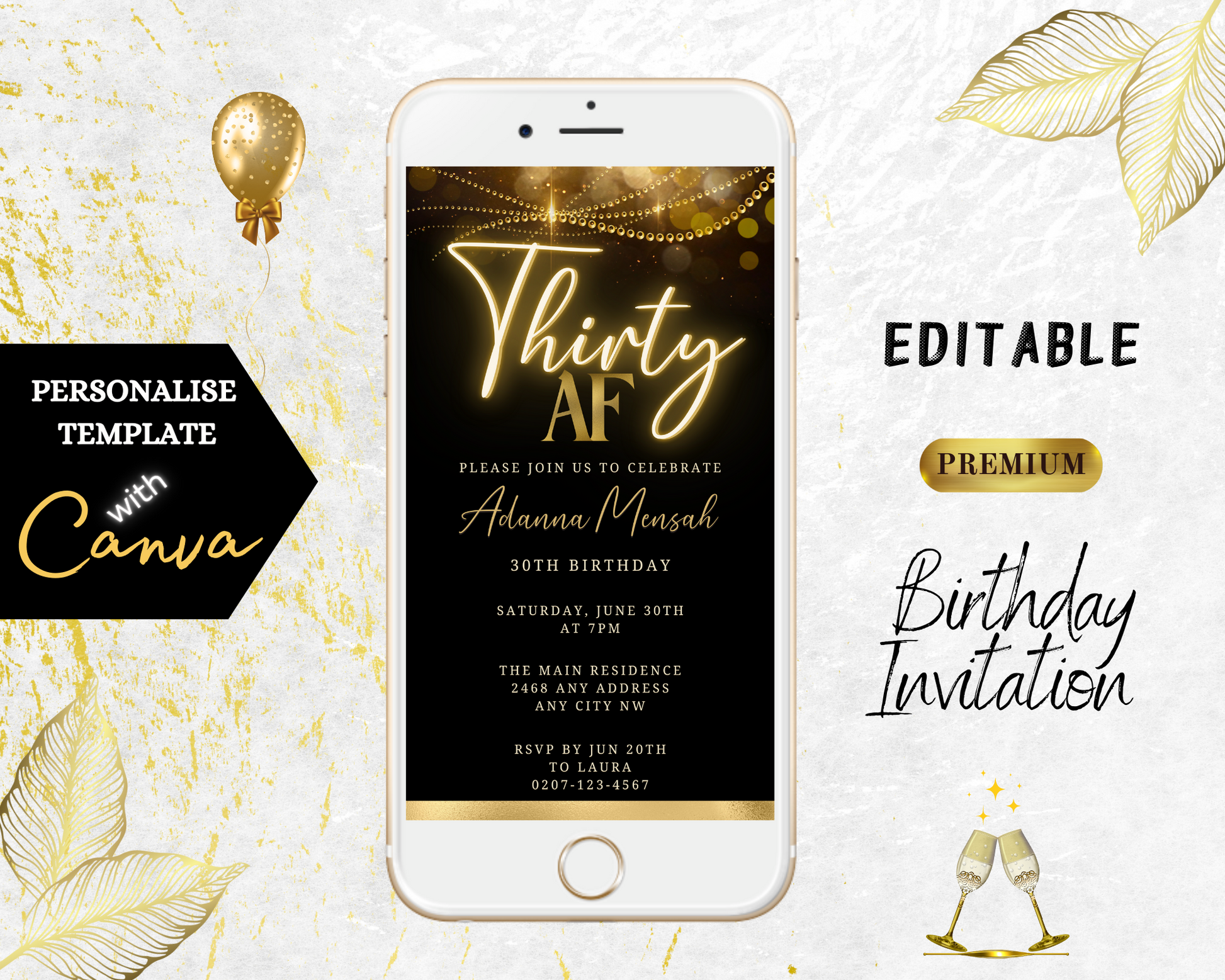 Black Gold Neon Sparkle | 30AF Birthday Evite displayed on a white cell phone, customizable via Canva for digital invitations.