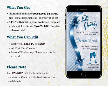 Blue Silver Bow Sparkle | Editable Birthday Evite displayed on a smartphone with a blue and white design, ready for customization using Canva.
