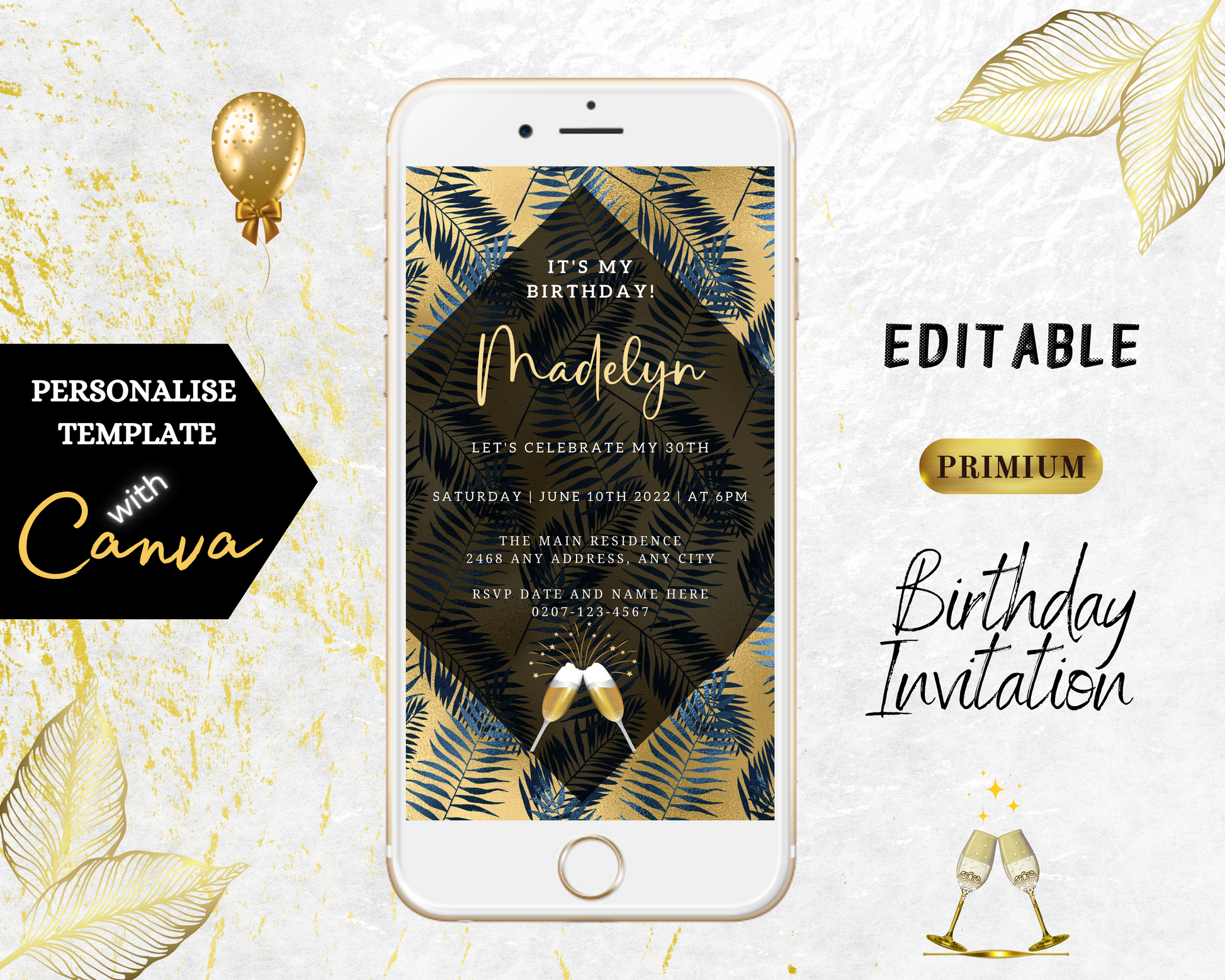 Editable Digital Gold Blue Tropical Leaf Birthday Party Evite displayed on a white smartphone, ready for customization and electronic sharing via Canva.