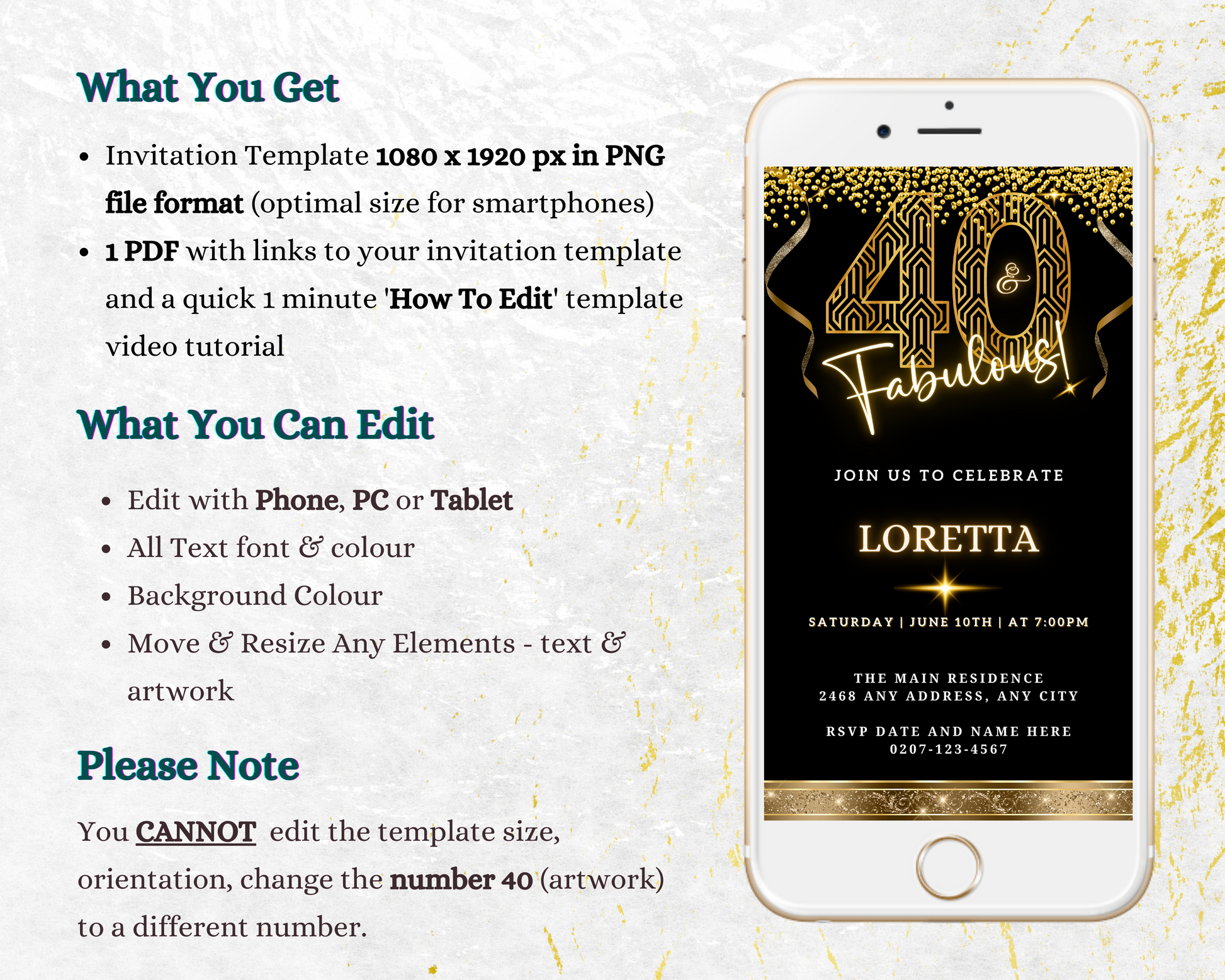 Gold Neon Glitter Black | 40 & Fabulous Party Evite displayed on a smartphone screen with editable invitation text via Canva.