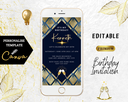 Gold Blue Diamond Art Birthday Party Evite displayed on a white smartphone, featuring elegant blue and gold design elements and editable text for customization.