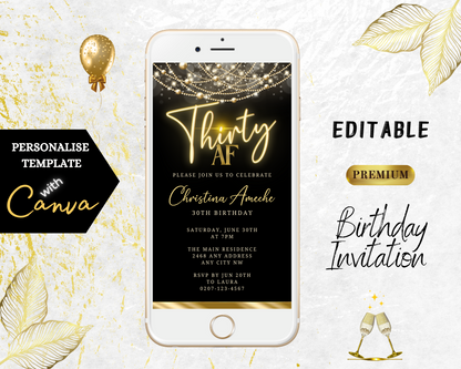 Black Gold Neon Art Deco Bling | 30AF Birthday Evite on a smartphone screen with customizable text and design elements for digital invitations.