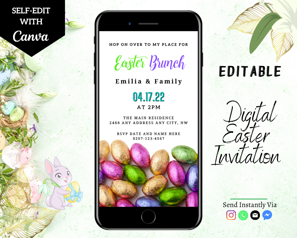 Smartphone displaying customizable Colourful Assorted Chocolate Easter Eggs Easter Brunch Evite, featuring a vibrant design with editable text and images.