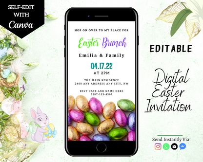Smartphone displaying customizable Colourful Assorted Chocolate Easter Eggs Easter Brunch Evite, featuring a vibrant design with editable text and images.