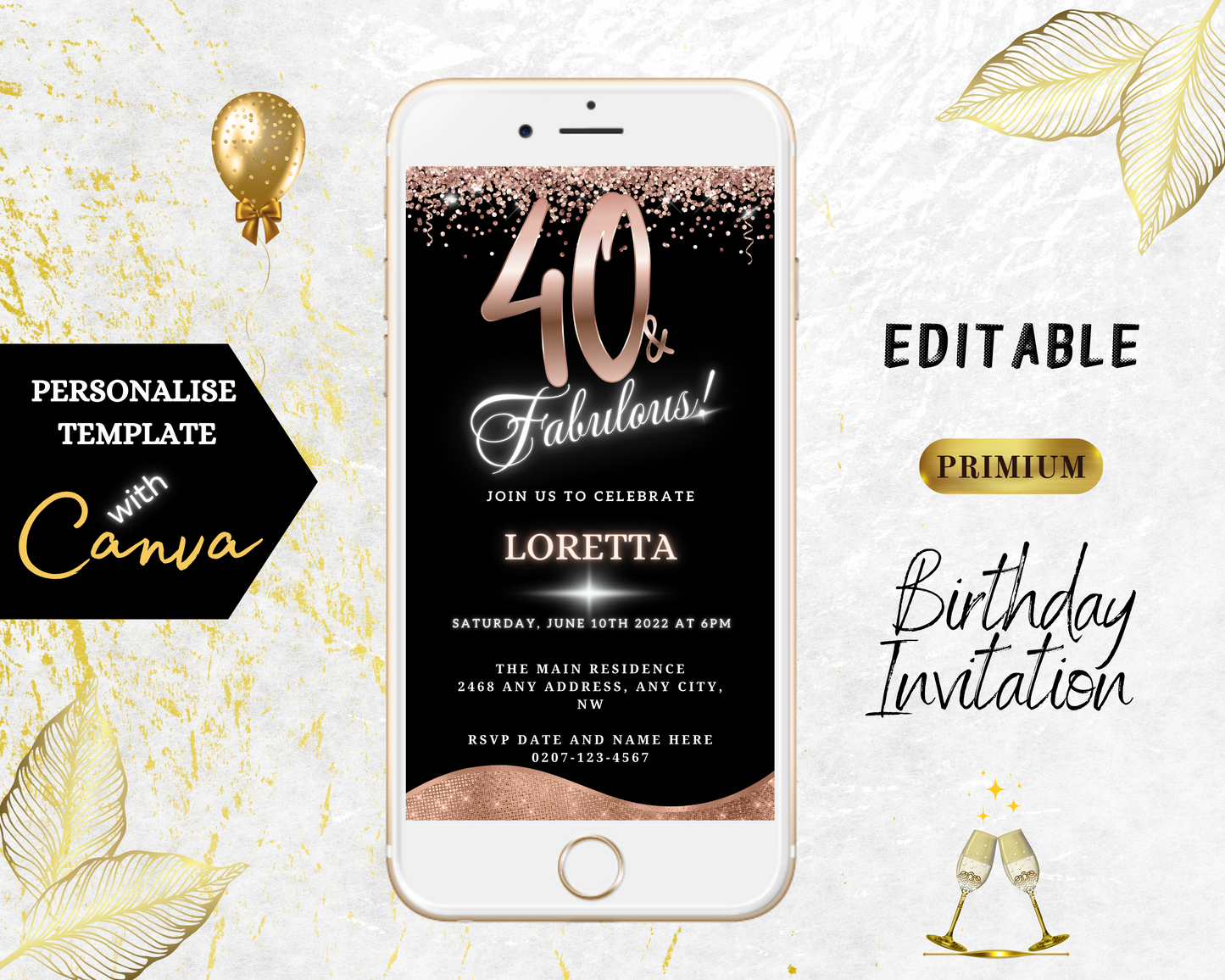 Rose Gold Glitter Black | 40 & Fabulous Party Evite: A customizable digital invitation with elegant black and gold accents, featuring editable text for your smartphone.