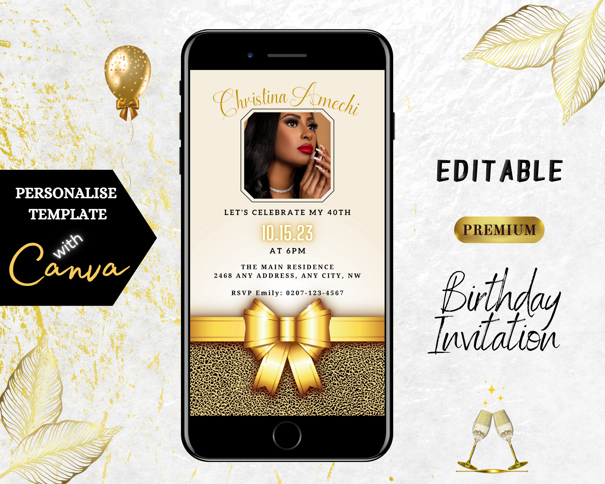Customisable Beige Gold Leopard Digital 40th Birthday Evite on a smartphone screen, featuring a woman's photo and a gold bow, editable via Canva.