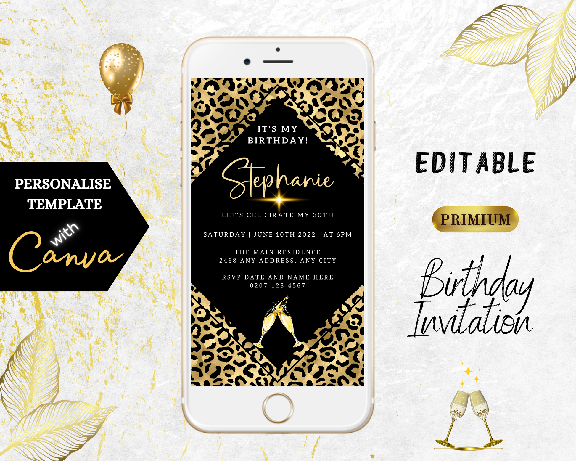 Gold Black Leopard Animal Print Customisable Party Evite displayed on a smartphone screen, showing editable digital invitation template for events.