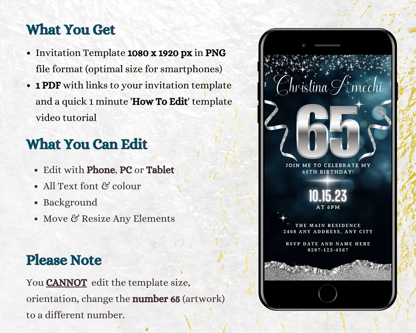 Customisable Navy Blue Silver Glitter 65th Birthday Evite on a smartphone screen, showcasing editable text and design elements for easy personalization via Canva.