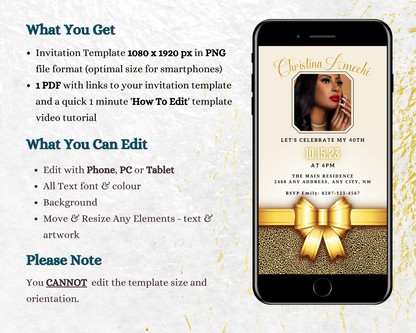 Smartphone displaying a customizable Beige Gold Leopard 40th Birthday Evite with a woman's photo, available for instant download and editing via Canva.