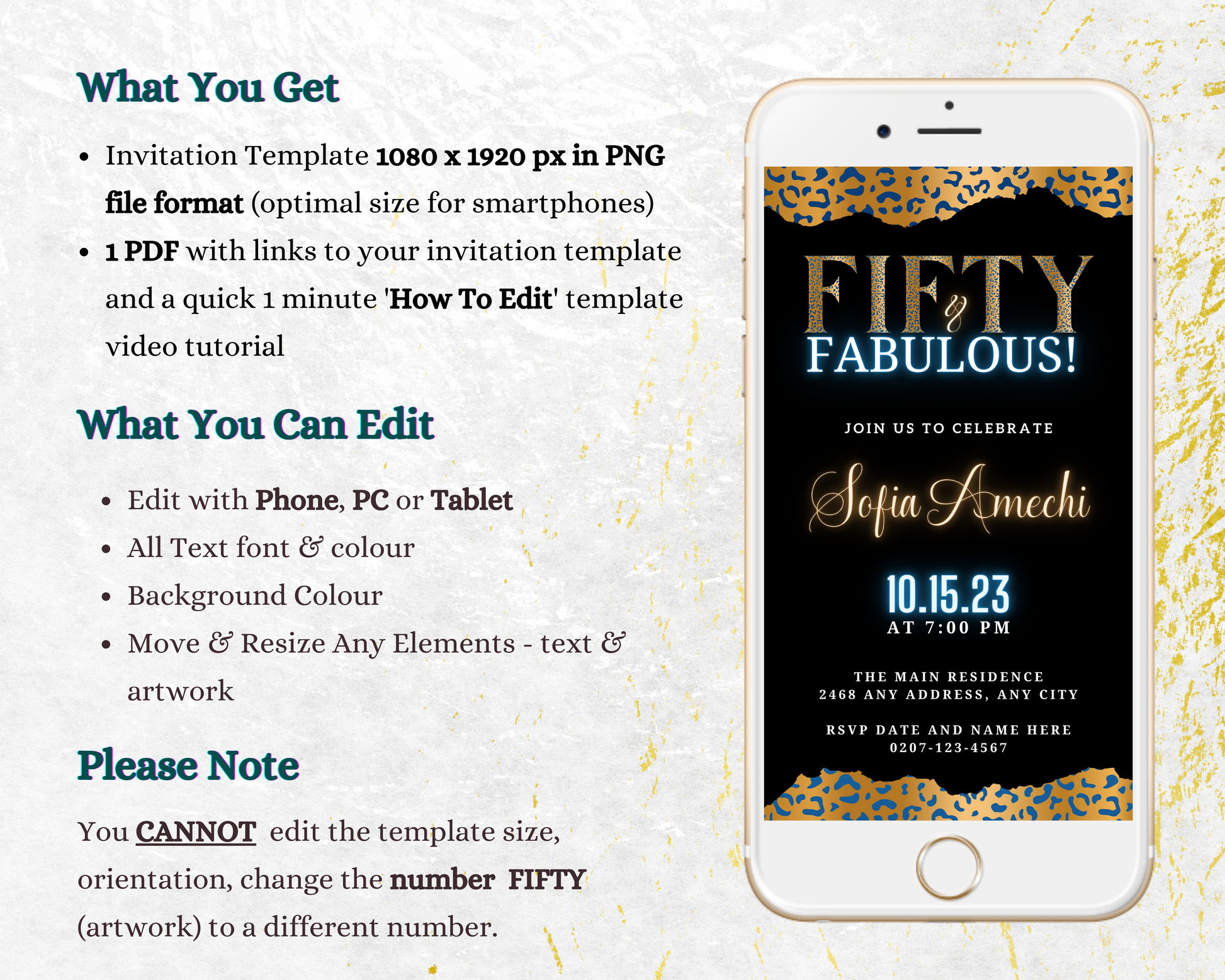 Neon Gold Blue Black Leopard | 50 & Fabulous Party Evite customizable digital invitation template displayed on a smartphone screen.