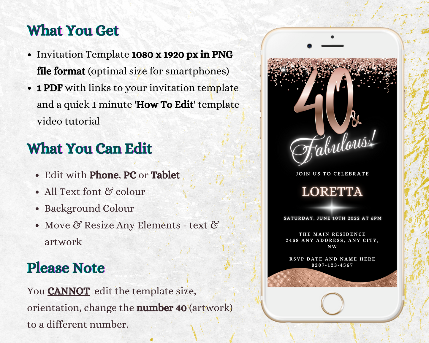 Rose Gold Glitter Black | 40 & Fabulous Party Evite displayed on a smartphone screen, showcasing editable text and event details for an eco-friendly digital invitation.