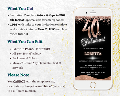 Rose Gold Glitter Black | 40 & Fabulous Party Evite displayed on a smartphone screen, showcasing editable text and event details for an eco-friendly digital invitation.