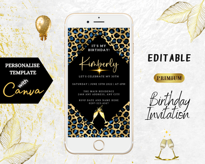 Blue Gold Leopard Animal Print Customisable Party Evite displayed on a smartphone, featuring editable text and design elements for personalizing event invitations via Canva.