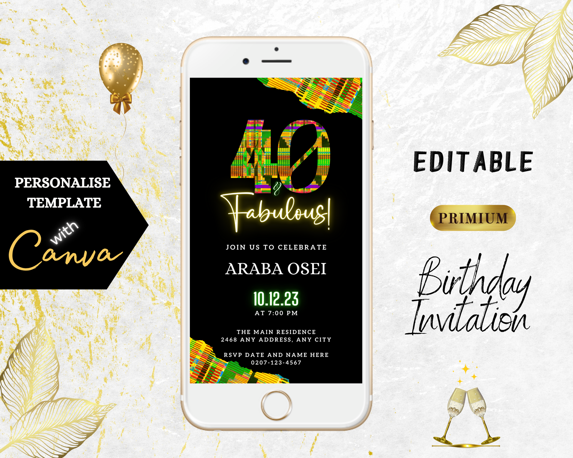 White cell phone displaying 40 & Fabulous digital invitation with gold balloons, editable via Canva for personal events, from URCordiallyInvited.