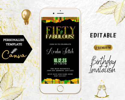 Green Yellow Kente Black | 50 & Fabulous Party Evite displayed on a white smartphone screen with gold leaves.