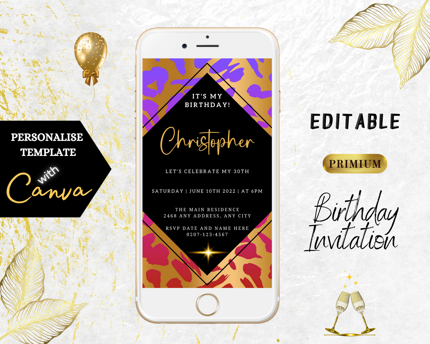 Lilac Gold Animal Print Customisable Party Evite displayed on a smartphone screen, featuring editable text and design elements for personalizing invitations via Canva.