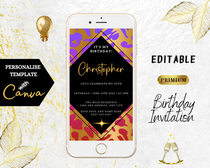 Lilac Gold Animal Print Customisable Party Evite displayed on a smartphone screen, featuring editable text and design elements for personalizing invitations via Canva.