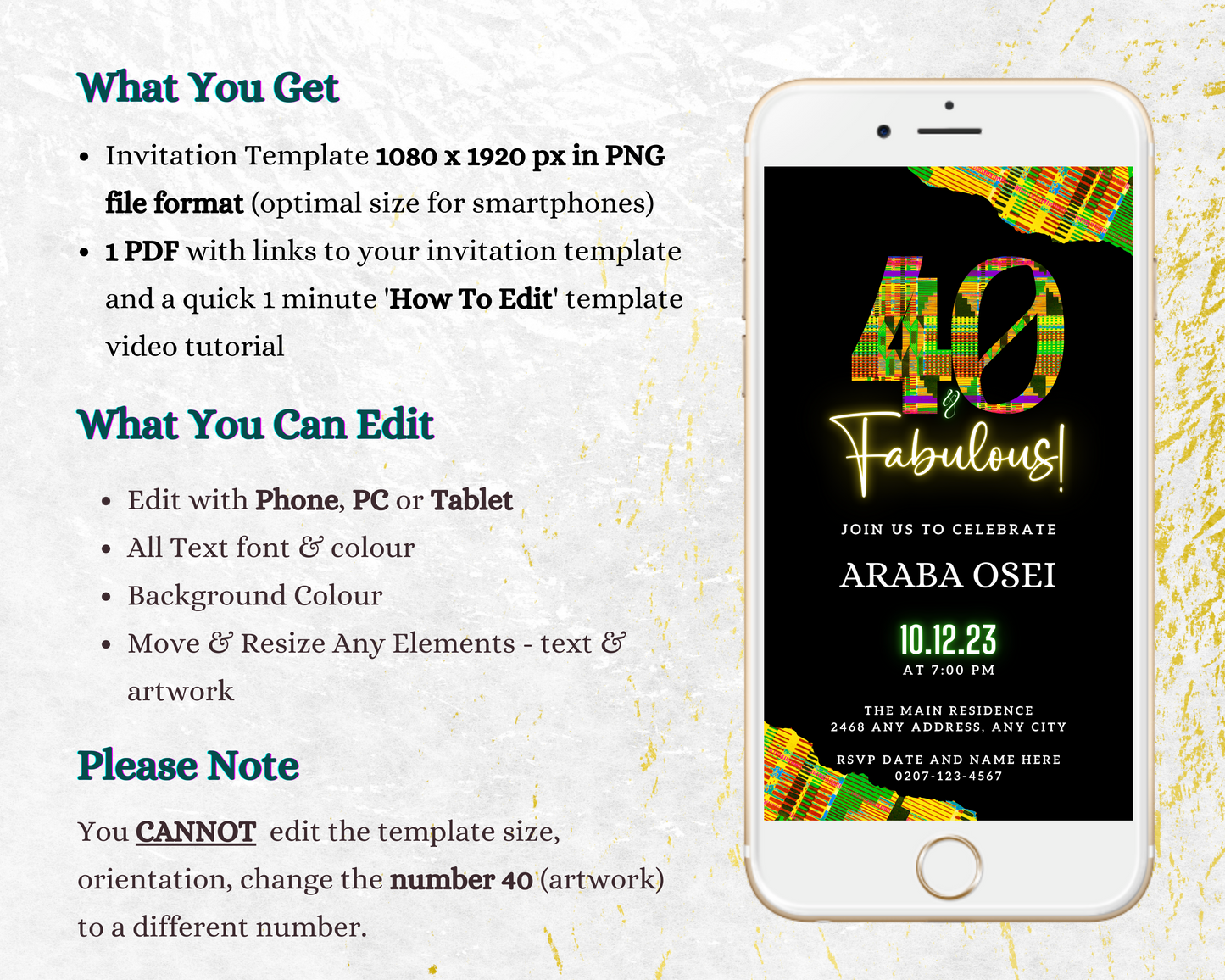 Editable Digital Black Green Yellow Kente | 40 & Fabulous Party Evite displayed on a smartphone screen with customizable text using Canva.