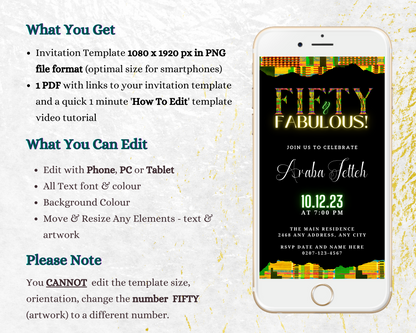 Customizable Green Yellow Kente Black 50 & Fabulous Party Evite displayed on a smartphone screen, showcasing editable text for a DIY digital invitation template.