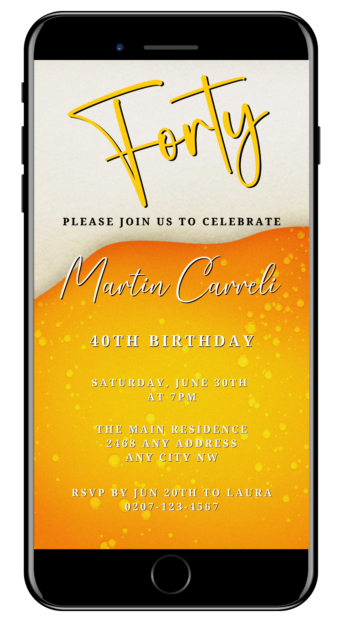 Cell phone displaying a customizable Yellow White Beer Themed 40th Birthday Evite invitation template.