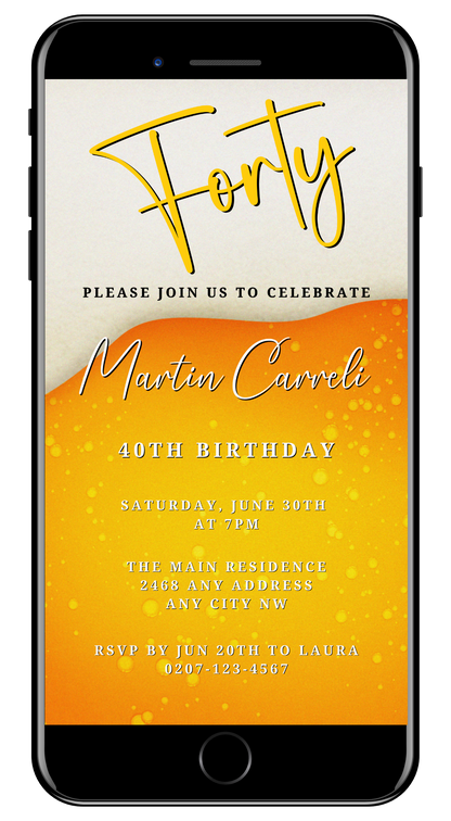 Cell phone displaying a customizable Yellow White Beer Themed 40th Birthday Evite invitation template.