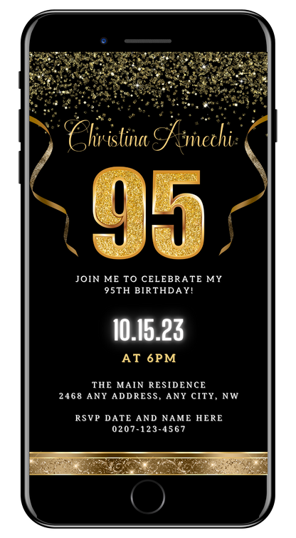 Black Gold Confetti 95th Birthday Evite: Customizable digital invitation template with gold text and confetti on a black background, editable via Canva for smartphones.