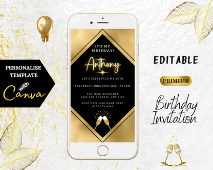 Gold Black Champagne Birthday Party Evite, showcasing editable digital invitation template with gold text, black and gold design, and champagne glasses, for customizable smartphone use.