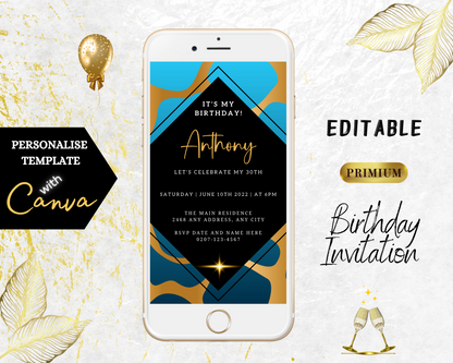 Editable Digital Blue Gold Abstract Print | Customisable Party Evite for smartphones, displaying a white phone with blue and gold design elements, ready for personalization via Canva.