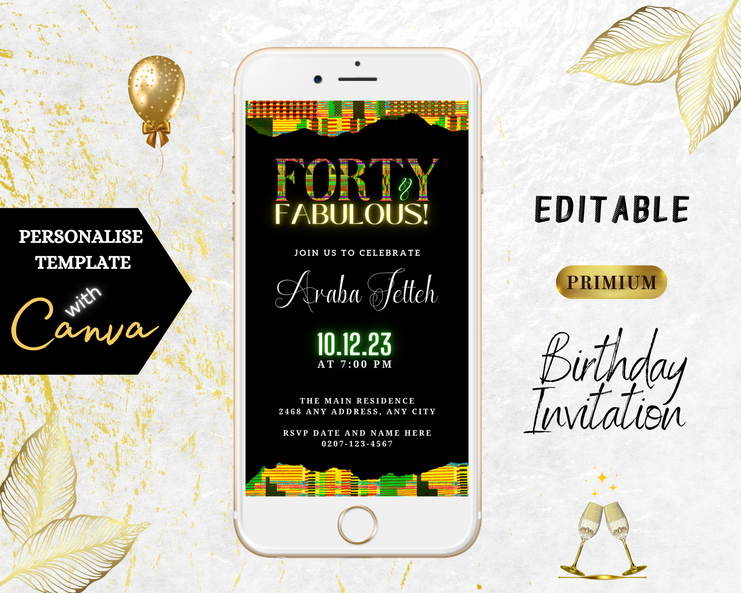 White cell phone displaying Green Yellow Kente Black | 40 & Fabulous Party Evite, a customizable digital invitation template for smartphones.