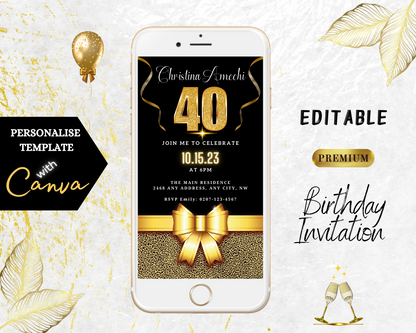 Customizable Digital Black Gold Leopard 40th Birthday Evite featuring a smartphone with gold bow and balloons. Instantly downloadable and editable via Canva for electronic sharing.