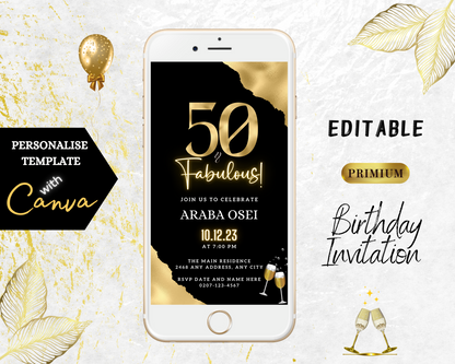 Gold Neon Black | 50 & Fabulous Party Evite: Customizable digital invitation with gold and black design, editable via Canva for easy event details personalization.