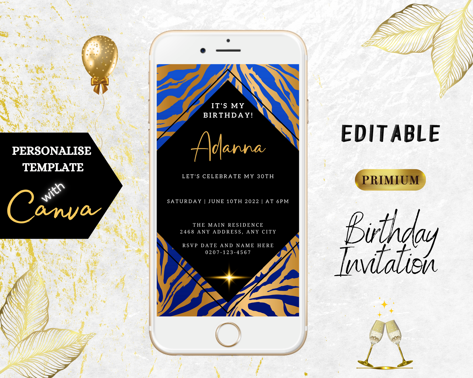 White smartphone displaying Blue Lilac Animal Print Customisable Party Evite template with gold accents, editable with Canva for digital invitations.