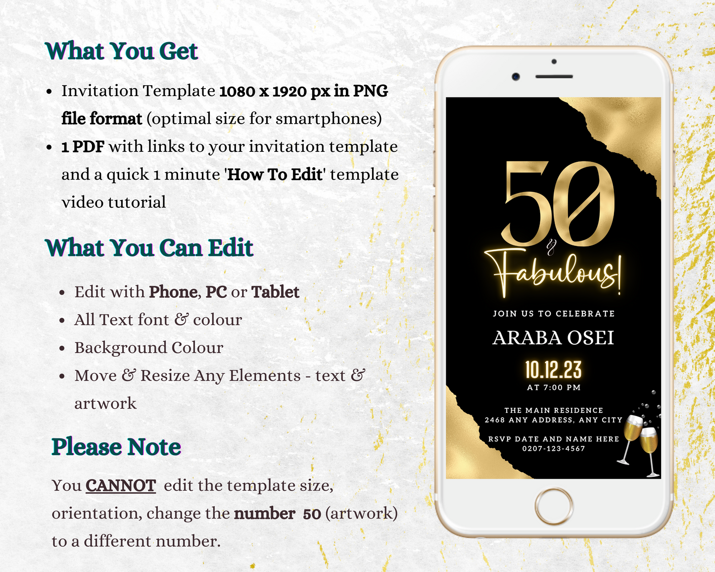 Customizable Gold Neon Black 50 & Fabulous Party Evite displayed on a smartphone, showcasing editable text and design for easy personalizing via Canva.