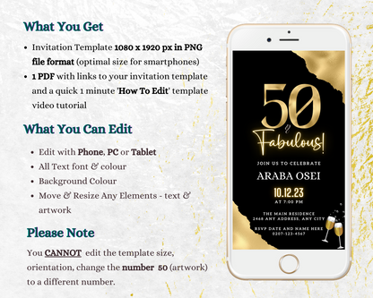 Customizable Gold Neon Black 50 & Fabulous Party Evite displayed on a smartphone, showcasing editable text and design for easy personalizing via Canva.