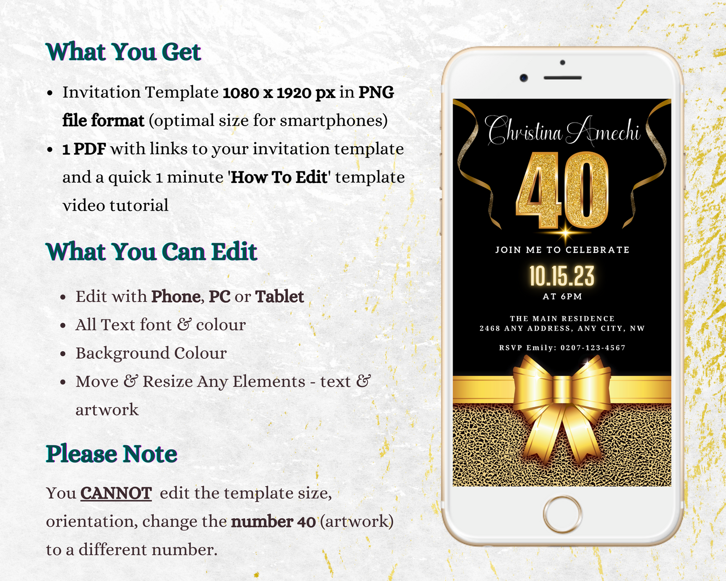 Cellphone displaying customizable Black Gold Leopard 40th Birthday Evite with gold bow, available for instant download and personalization via Canva.