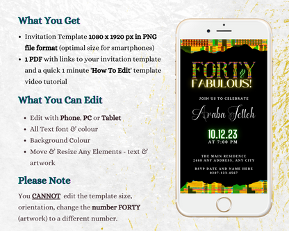 Editable Green Yellow Kente 40 & Fabulous Party Evite displayed on a smartphone screen, showcasing customizable text for a digital invitation.