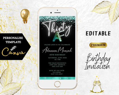 Customizable Black Teal Confetti Diamond | 30AF Birthday Evite displayed on a white smartphone screen with gold leaves in the background.