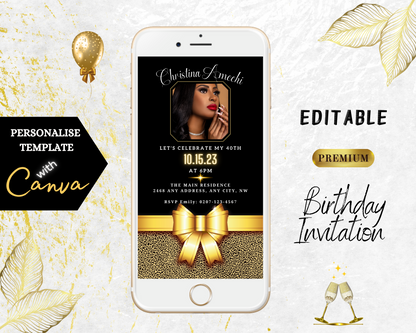 Customizable Digital Black Gold Leopard with Photo | 40th Birthday Evite displayed on a white smartphone screen with a gold bow and balloons.
