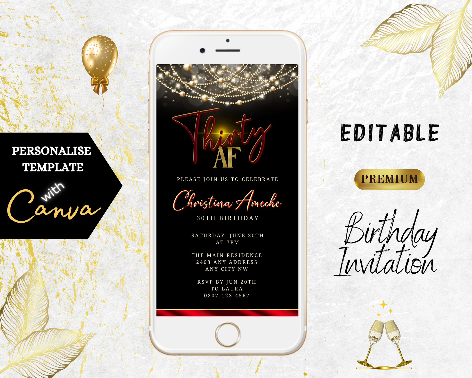 Customizable Digital Black Red Neon Art Deco Bling| 30AF Birthday Evite displayed on a smartphone, featuring celebratory graphics and editable invitation text.