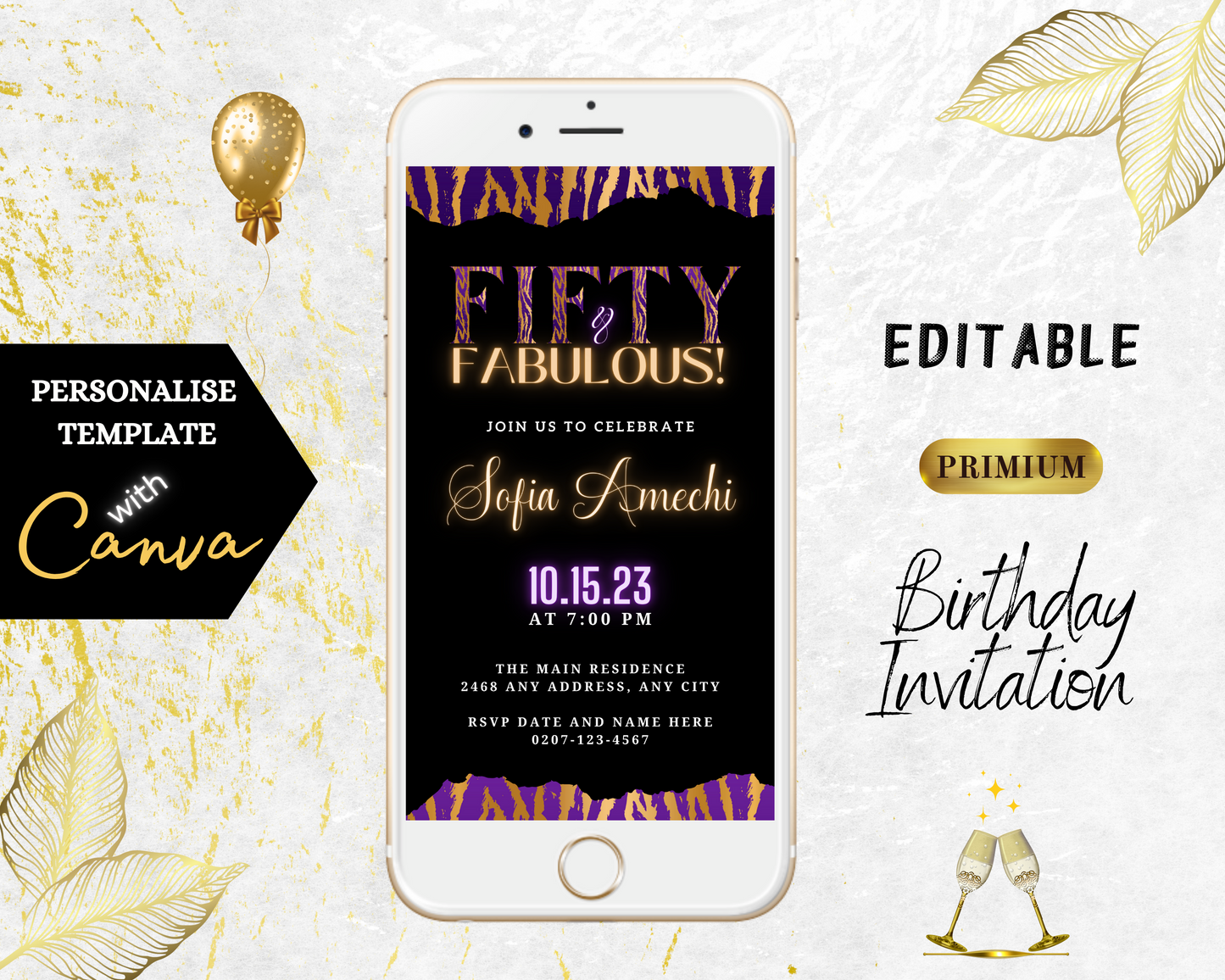 Neon Gold Purple Tiger | Fifty & Fabulous Party Evite displayed on a white cellphone screen, showcasing customizable text for event invitations.