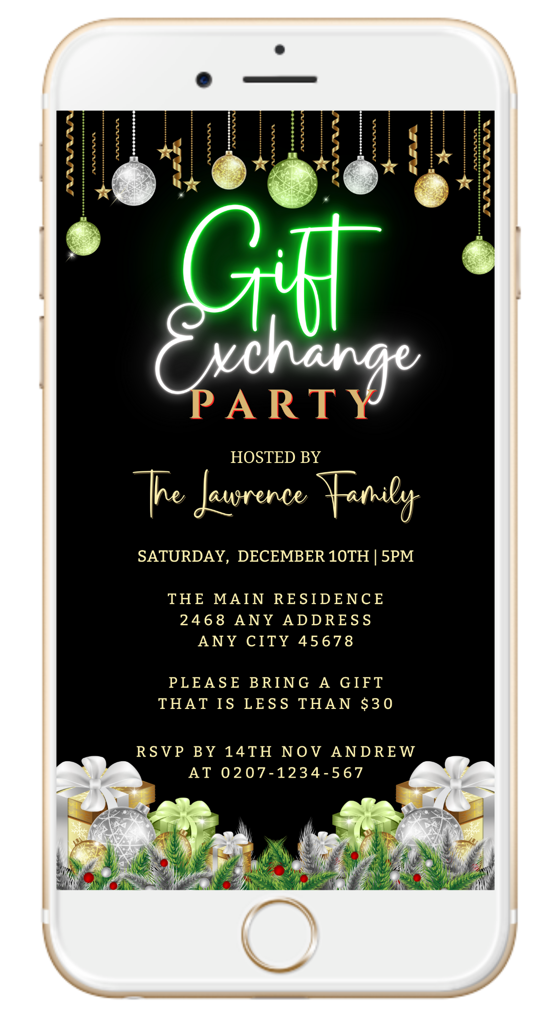 Green Neon Ornaments Gift Exchange | Christmas Party Evite displayed on a smartphone screen, showcasing editable digital invitation template with festive ornaments and customizable text.