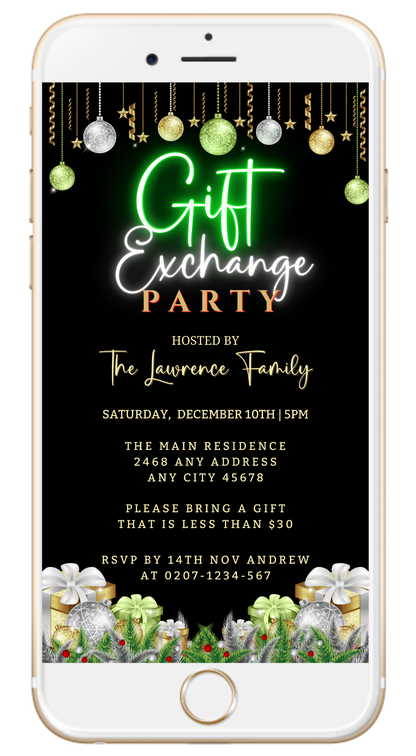 Green Neon Ornaments Gift Exchange | Christmas Party Evite displayed on a smartphone screen, showcasing editable digital invitation template with festive ornaments and customizable text.