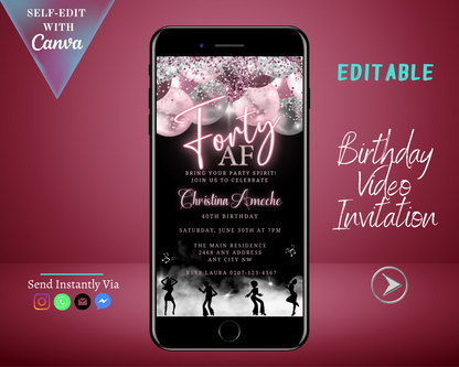 Customizable digital invitation template for a 40th birthday, displayed on a smartphone screen, showcasing editable text and design elements using Canva.