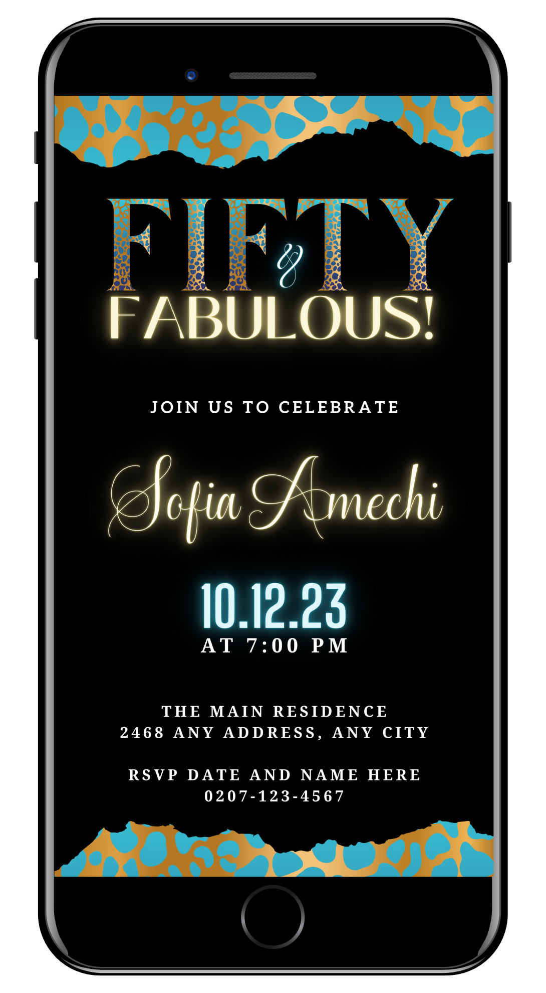 Teal Gold Cheetah Leopard | 50 & Fabulous Party Evite: Customizable digital invitation template with black and white text, easily editable in Canva for electronic sharing.