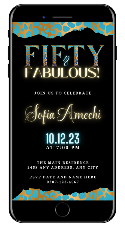 Teal Gold Cheetah Leopard | 50 & Fabulous Party Evite: Customizable digital invitation template with black and white text, easily editable in Canva for electronic sharing.