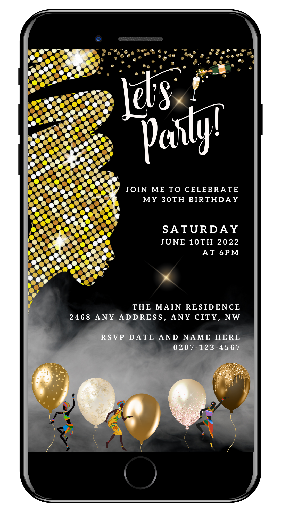 Gold Glitter African Woman Silhouette Editable Party Evite displayed on a smartphone screen, featuring customizable text and design elements for digital invitations.