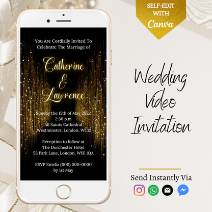 Customizable Gold Glitter Curtain Wedding Video Invitation displayed on a smartphone screen, ready for personalization with Canva for easy sharing via text, email, or social media.