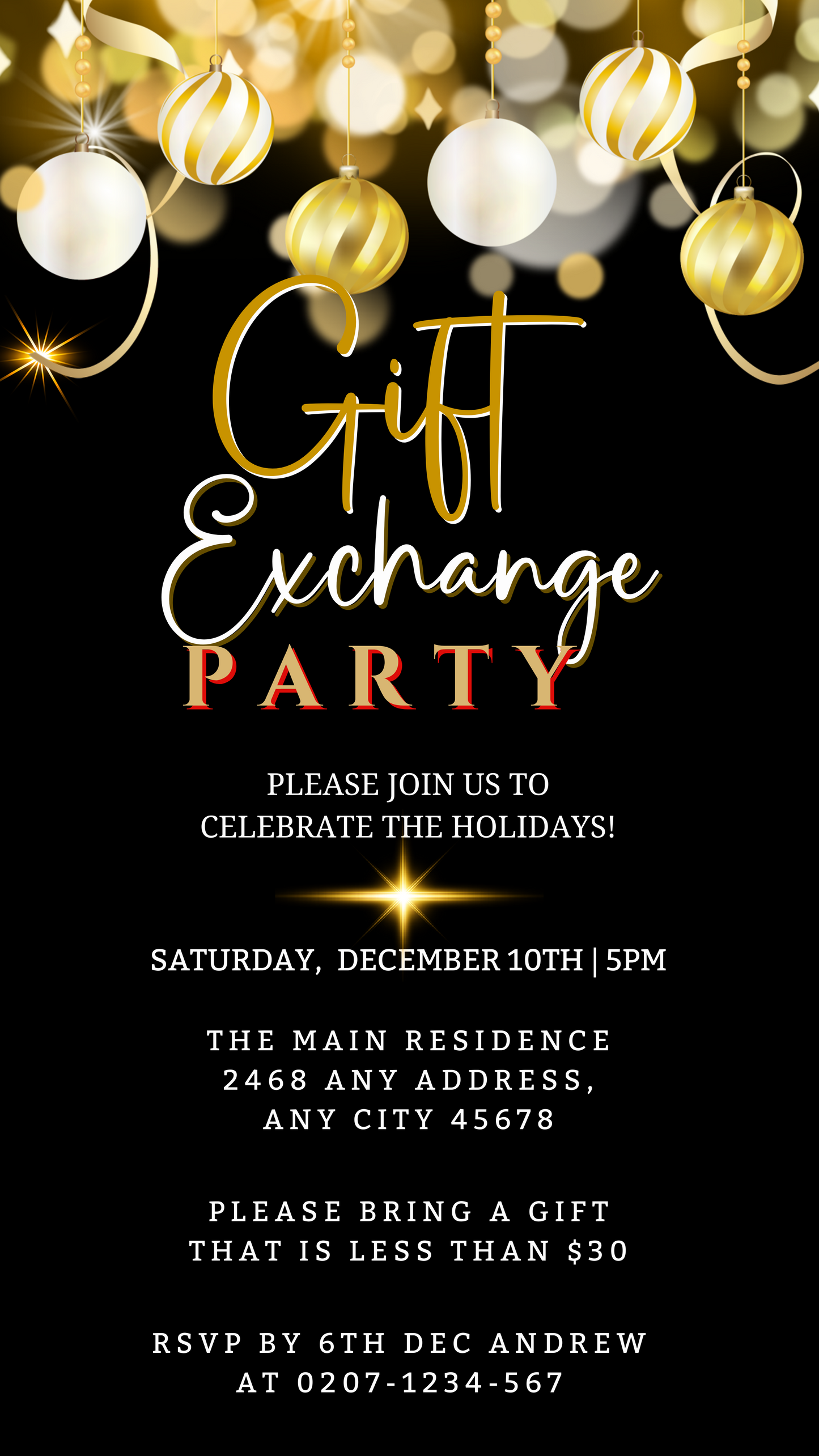 Black Gold White Ornaments Gift Exchange | Christmas Party Evite featuring elegant gold-striped ornaments and customizable event details for digital sharing.
